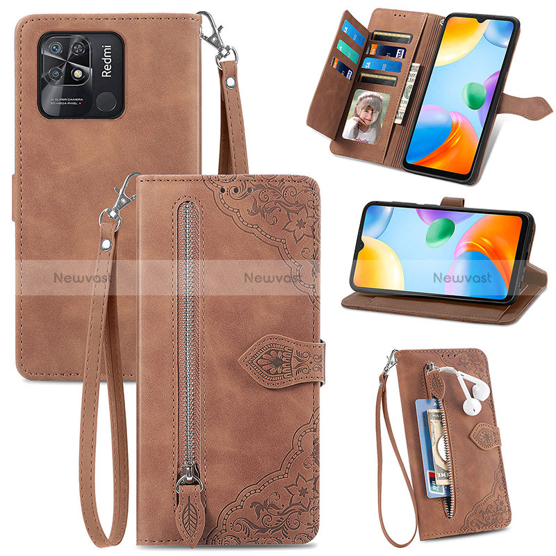 Leather Case Stands Flip Cover Holder S06D for Xiaomi Redmi 10 Power Brown