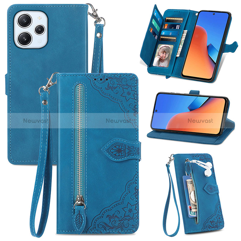 Leather Case Stands Flip Cover Holder S06D for Xiaomi Redmi 12 4G Blue