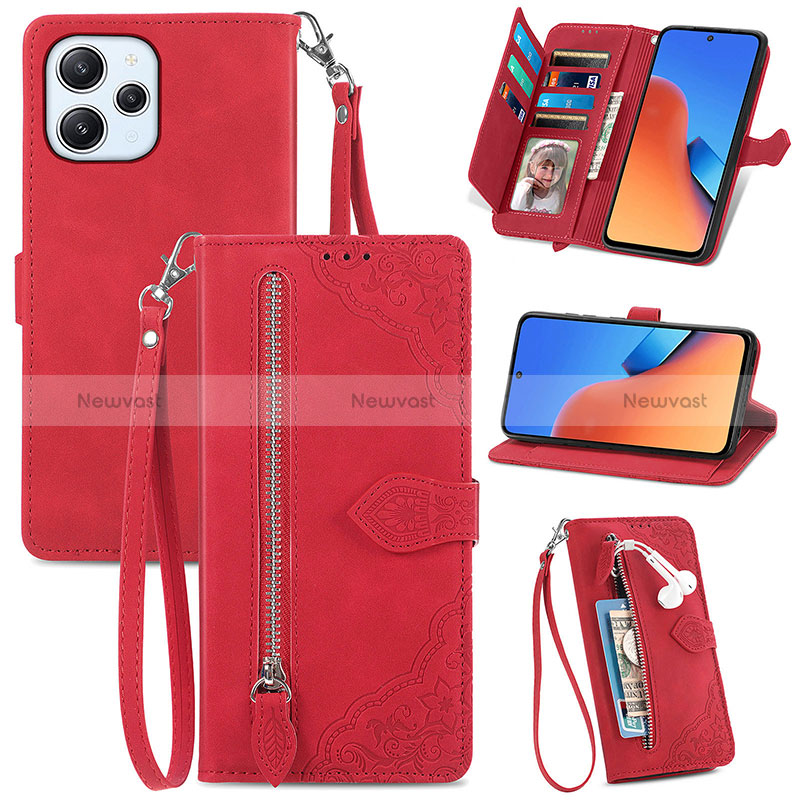 Leather Case Stands Flip Cover Holder S06D for Xiaomi Redmi 12 4G Red