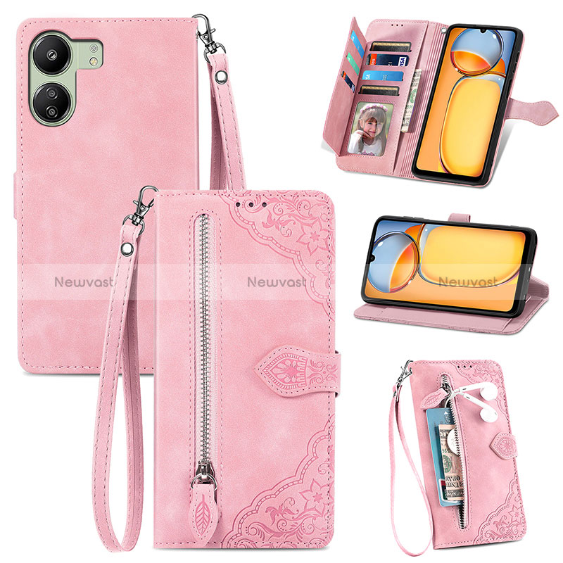 Leather Case Stands Flip Cover Holder S06D for Xiaomi Redmi 13C Pink