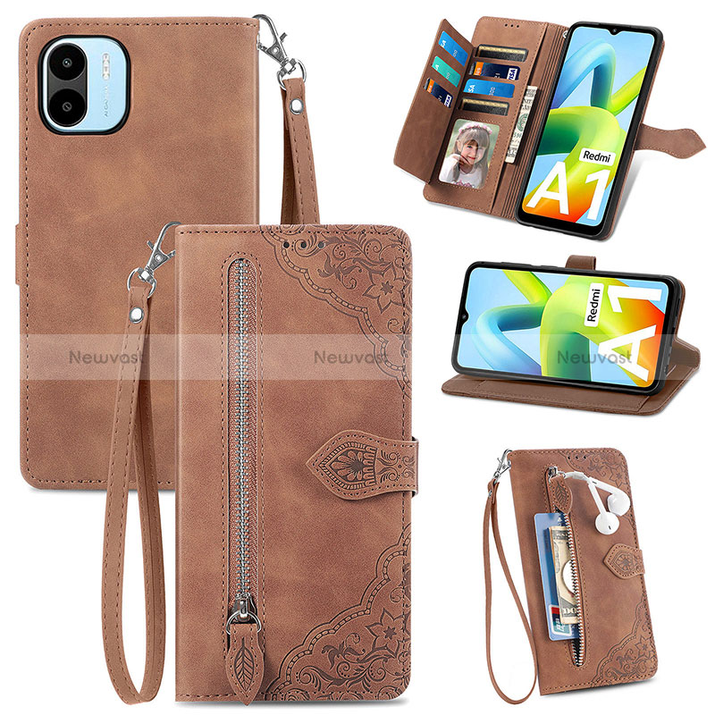 Leather Case Stands Flip Cover Holder S06D for Xiaomi Redmi A1 Brown