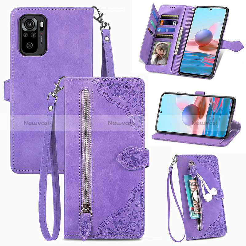 Leather Case Stands Flip Cover Holder S06D for Xiaomi Redmi Note 10 4G Purple