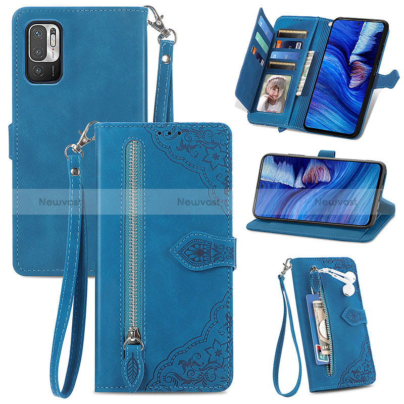 Leather Case Stands Flip Cover Holder S06D for Xiaomi Redmi Note 10 5G Blue