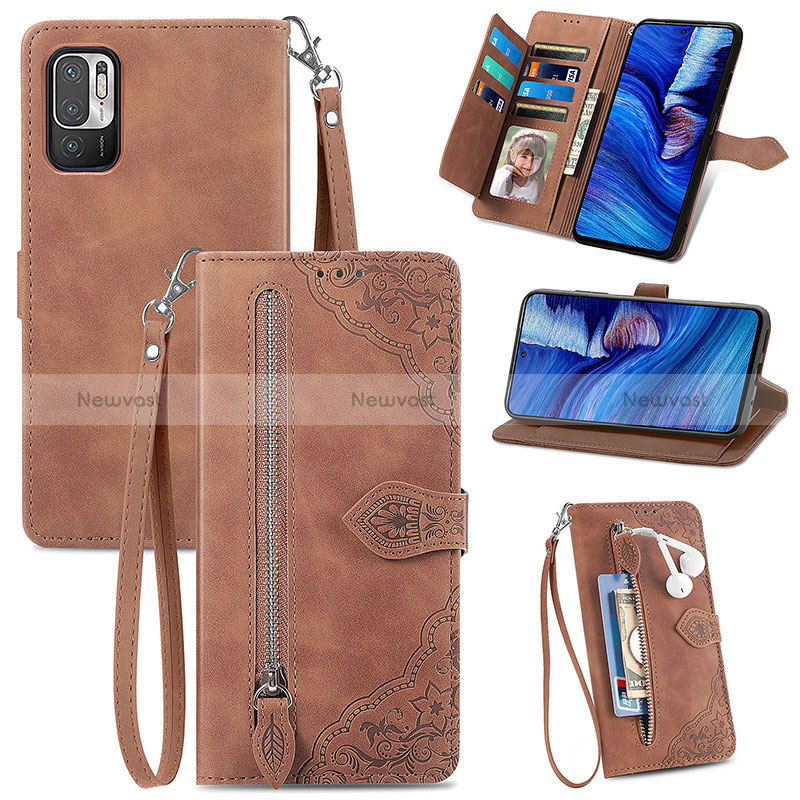 Leather Case Stands Flip Cover Holder S06D for Xiaomi Redmi Note 10 5G Brown