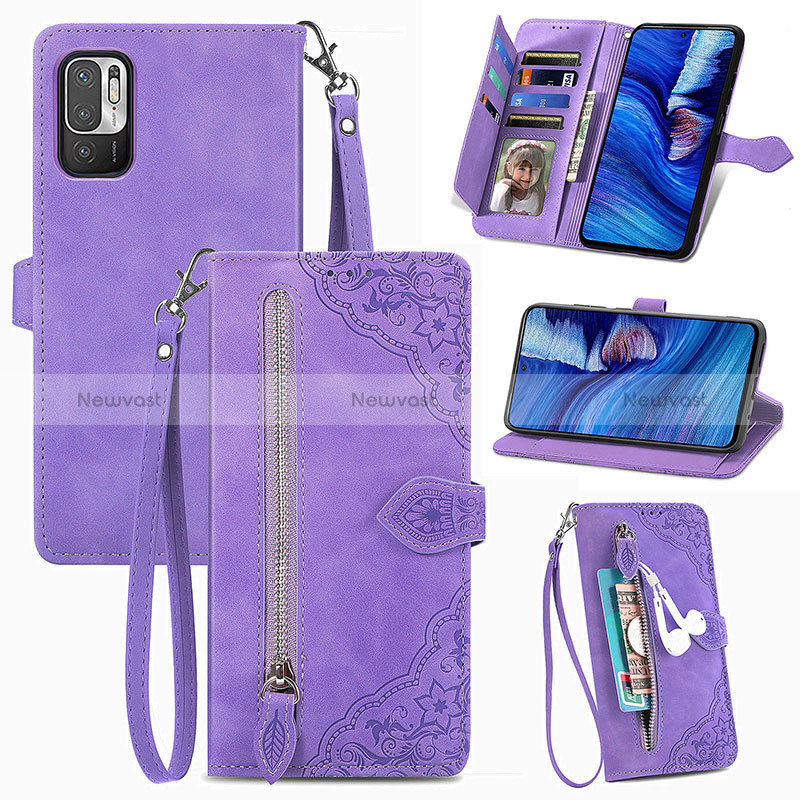 Leather Case Stands Flip Cover Holder S06D for Xiaomi Redmi Note 10 5G Purple