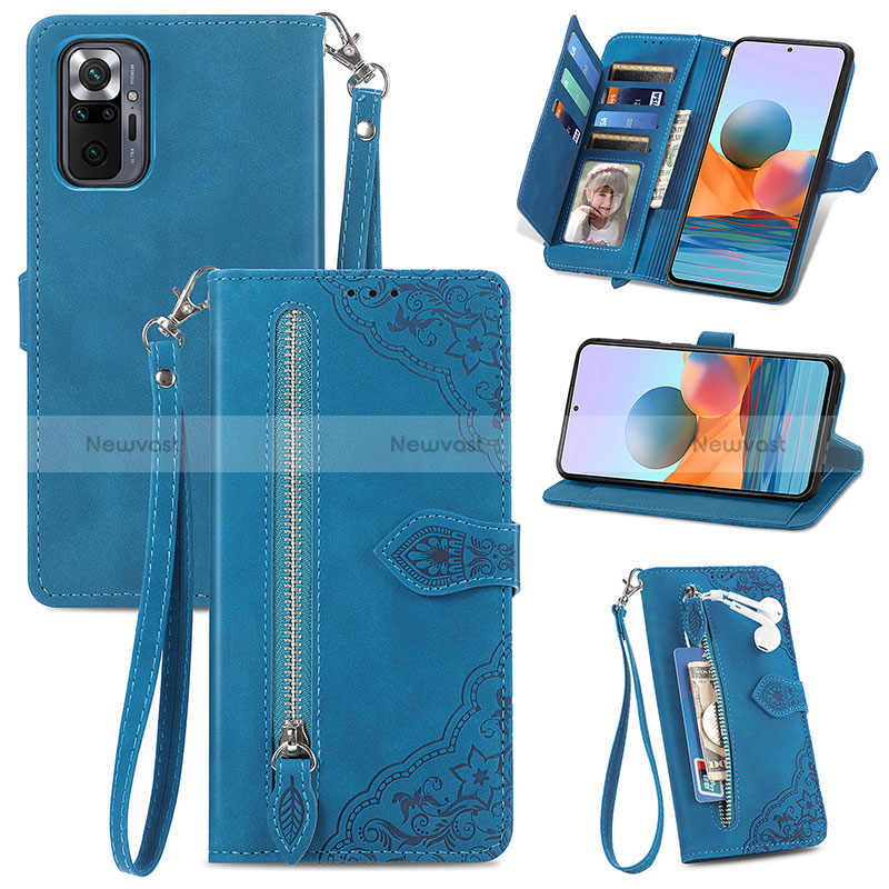 Leather Case Stands Flip Cover Holder S06D for Xiaomi Redmi Note 10 Pro 4G Blue