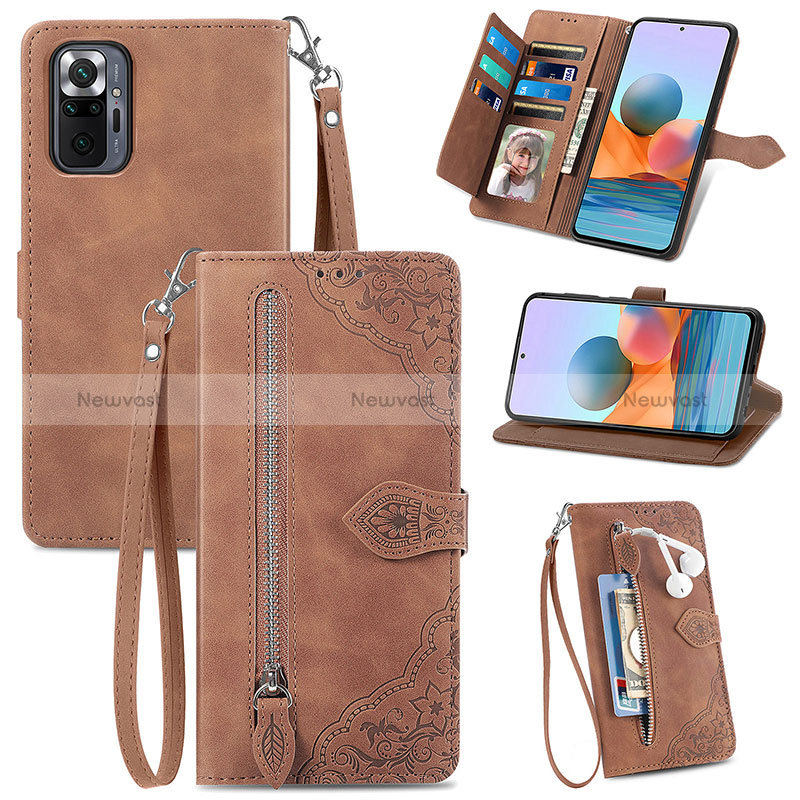 Leather Case Stands Flip Cover Holder S06D for Xiaomi Redmi Note 10 Pro 4G Brown