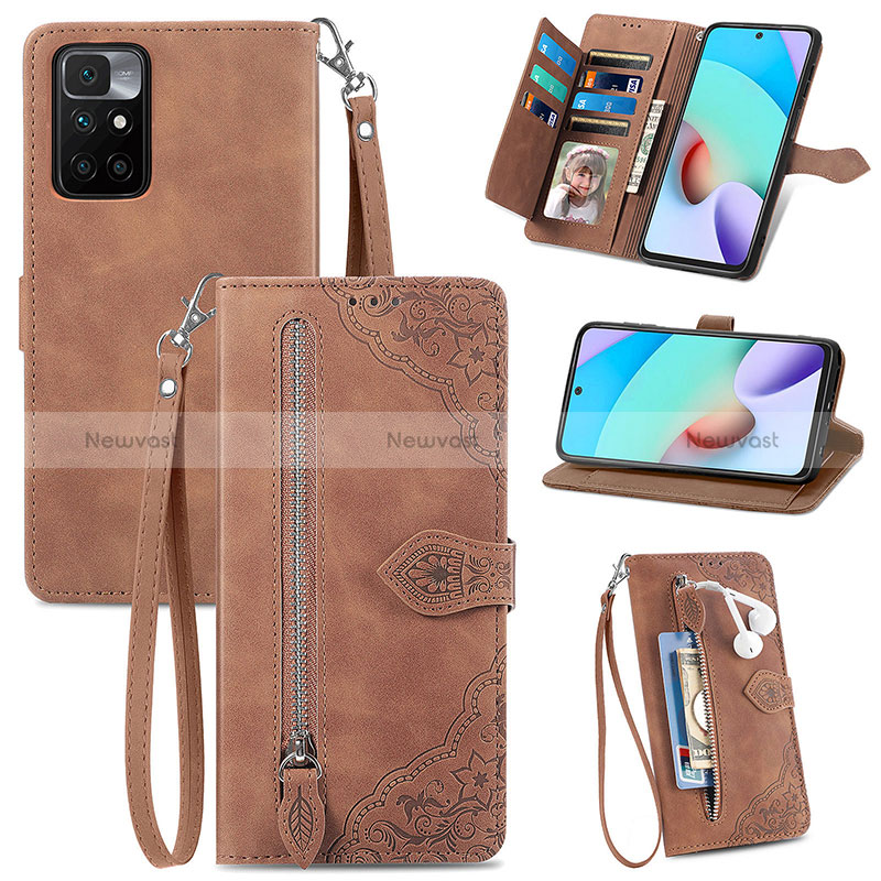 Leather Case Stands Flip Cover Holder S06D for Xiaomi Redmi Note 11 5G Brown