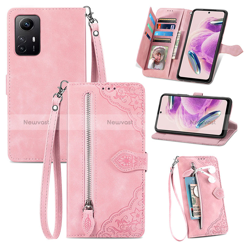 Leather Case Stands Flip Cover Holder S06D for Xiaomi Redmi Note 12S Pink