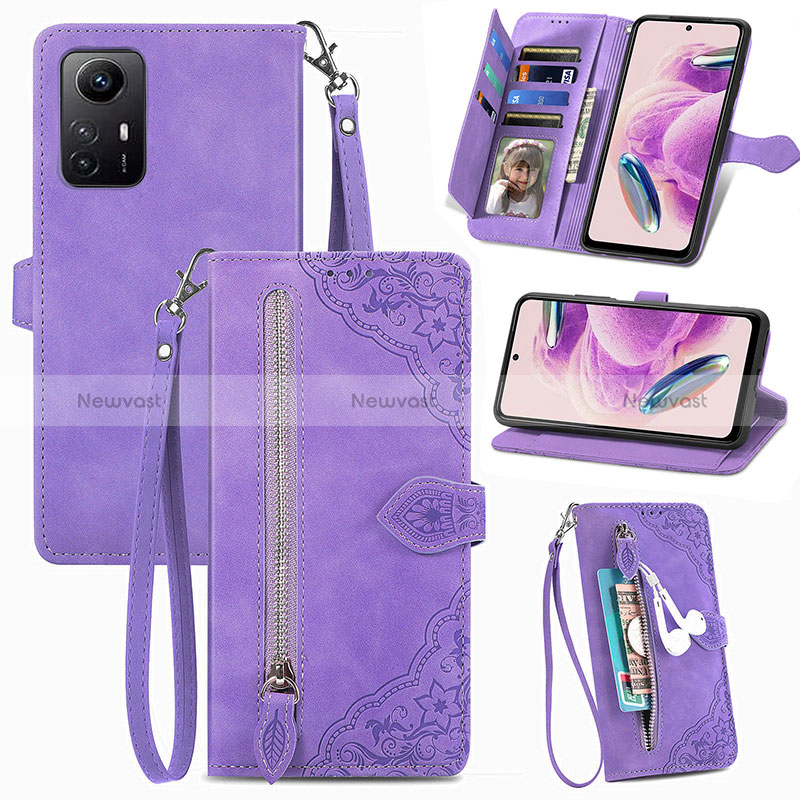 Leather Case Stands Flip Cover Holder S06D for Xiaomi Redmi Note 12S Purple