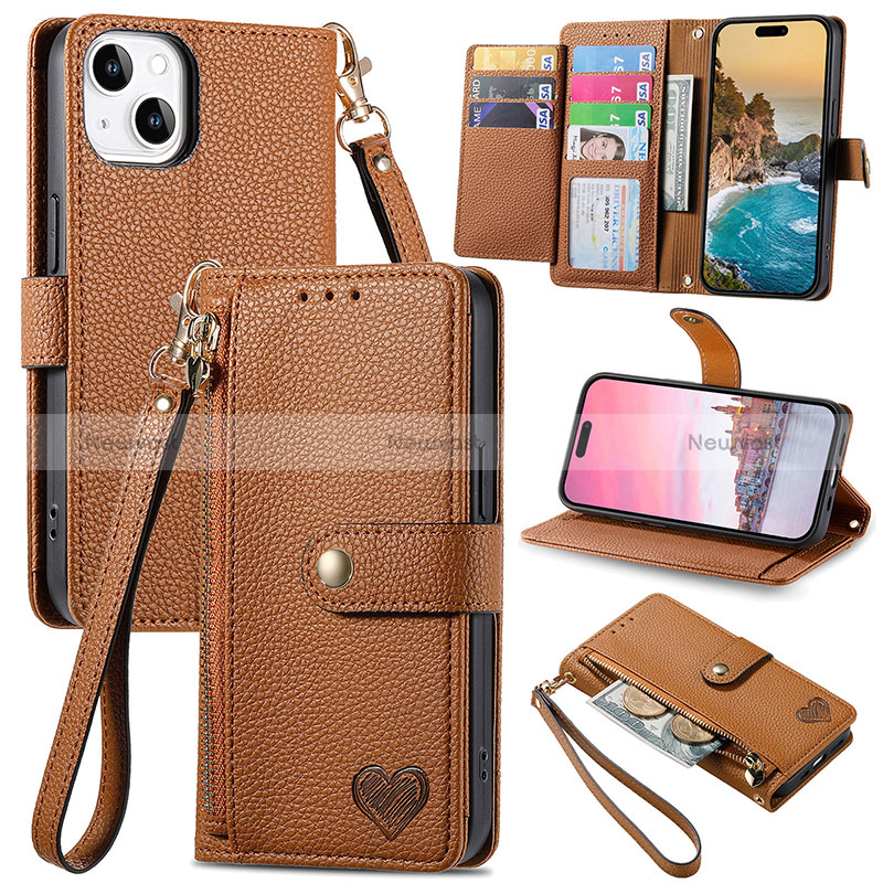 Leather Case Stands Flip Cover Holder S07D for Apple iPhone 13 Brown