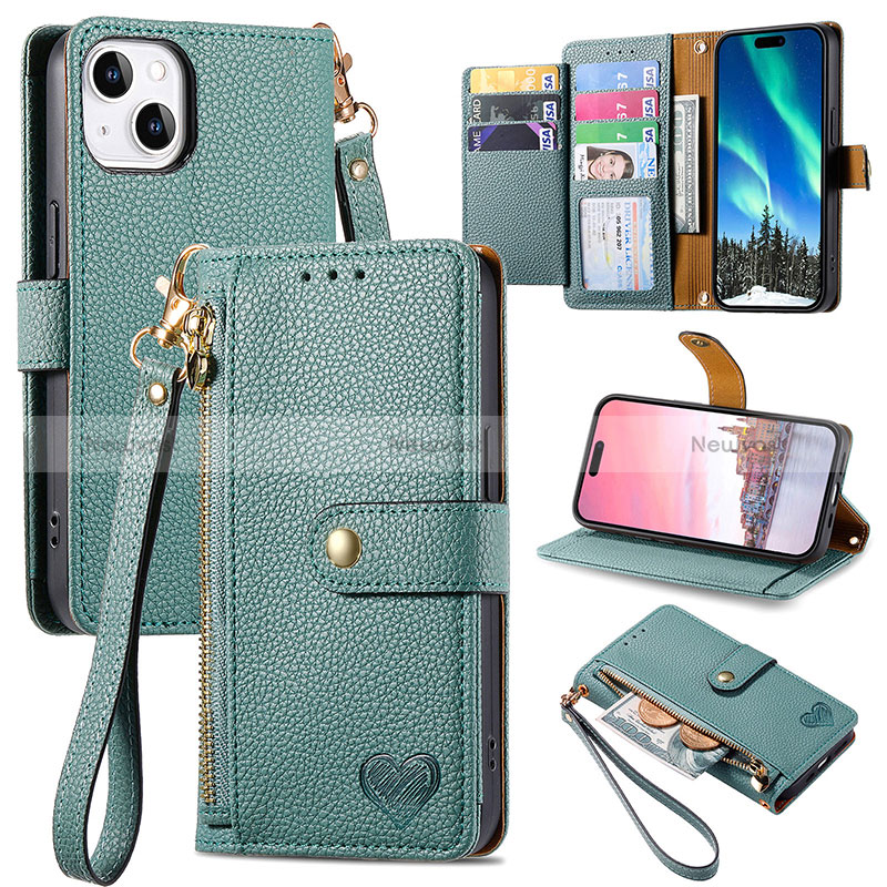 Leather Case Stands Flip Cover Holder S07D for Apple iPhone 15