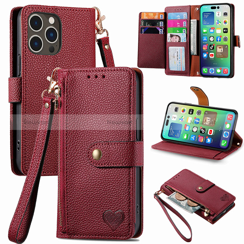 Leather Case Stands Flip Cover Holder S07D for Apple iPhone 15 Pro Max