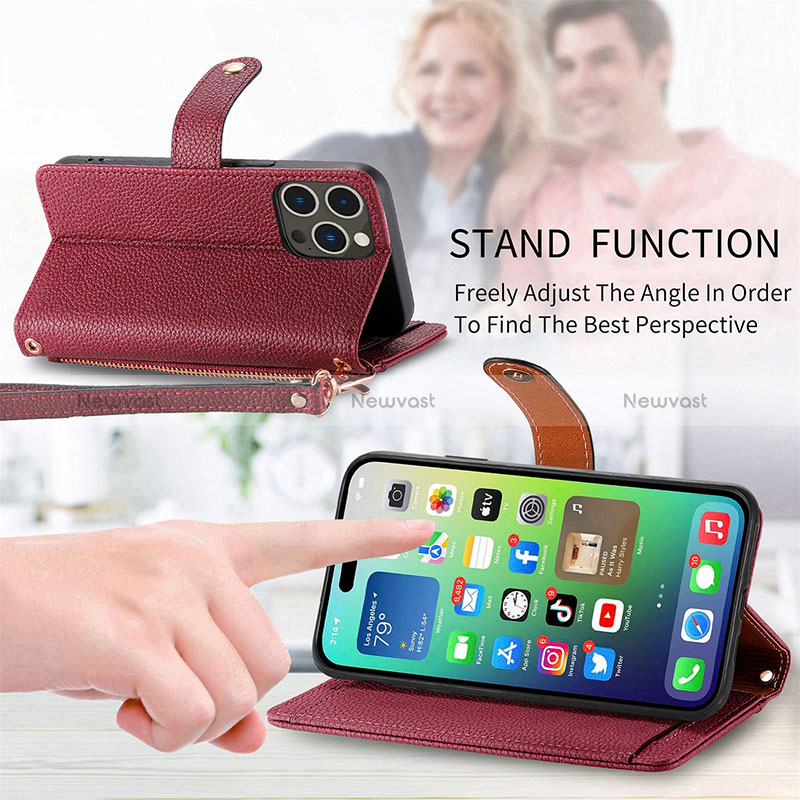 Leather Case Stands Flip Cover Holder S07D for Apple iPhone 15 Pro Max