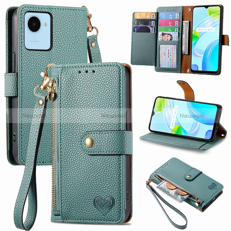 Leather Case Stands Flip Cover Holder S07D for Realme C30s Green