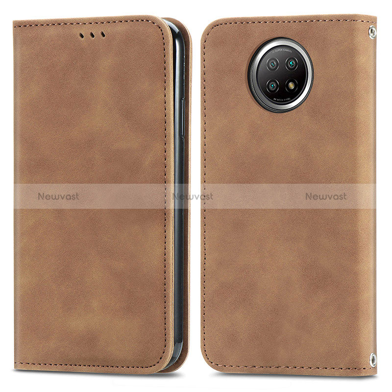 Leather Case Stands Flip Cover Holder S08D for Xiaomi Redmi Note 9T 5G Brown