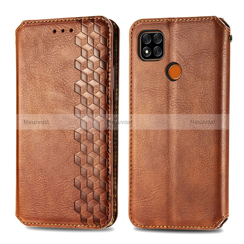 Leather Case Stands Flip Cover Holder S09D for Xiaomi Redmi 9C Brown