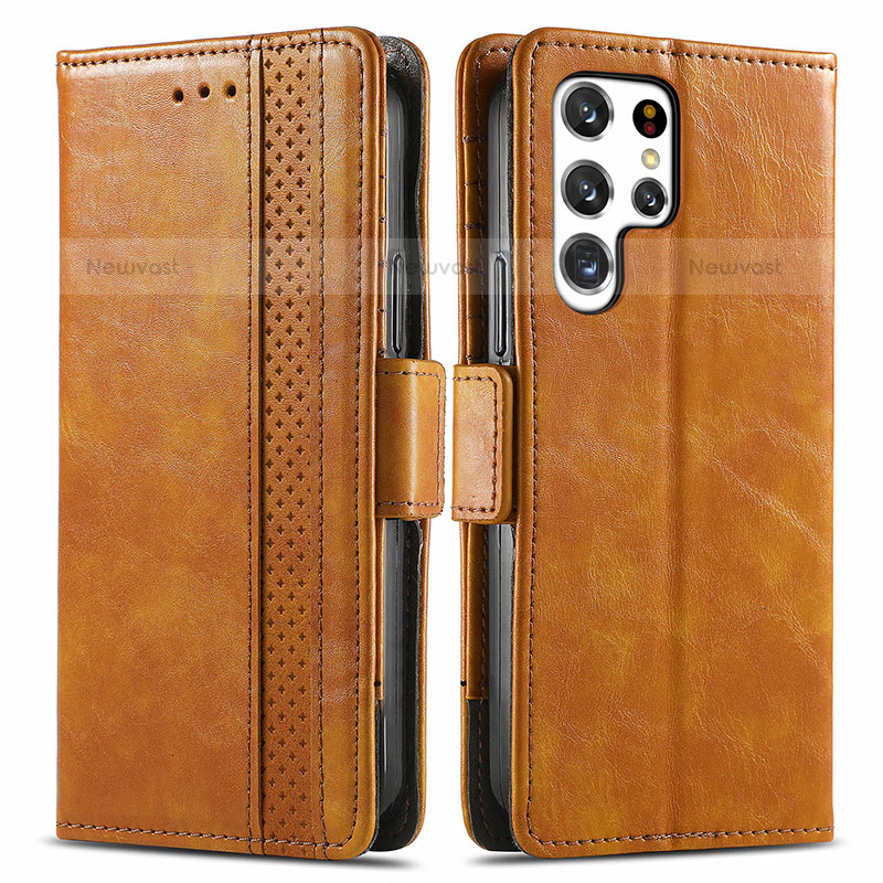 Leather Case Stands Flip Cover Holder S10D for Samsung Galaxy S21 Ultra 5G Light Brown