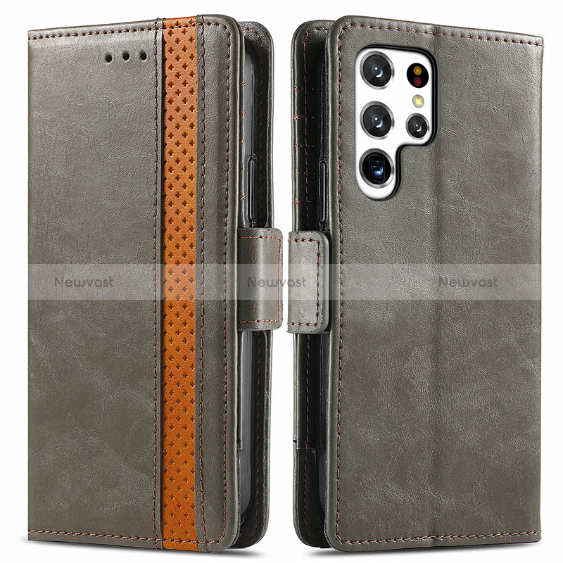 Leather Case Stands Flip Cover Holder S10D for Samsung Galaxy S24 Ultra 5G Gray