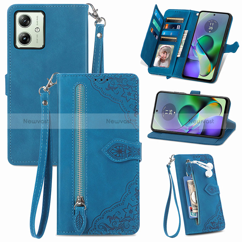 Leather Case Stands Flip Cover Holder S14D for Motorola Moto G54 5G Blue