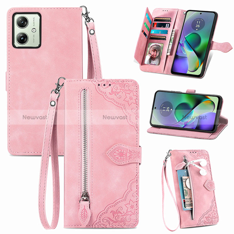 Leather Case Stands Flip Cover Holder S14D for Motorola Moto G54 5G Pink