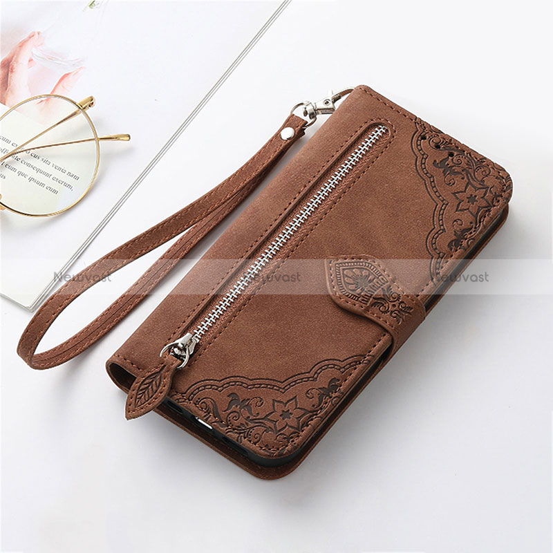 Leather Case Stands Flip Cover Holder S14D for Oppo A98 5G Brown