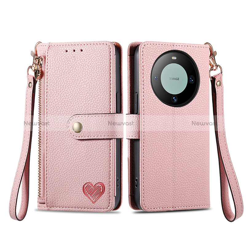 Leather Case Stands Flip Cover Holder S15D for Huawei Mate 60 Pro Pink