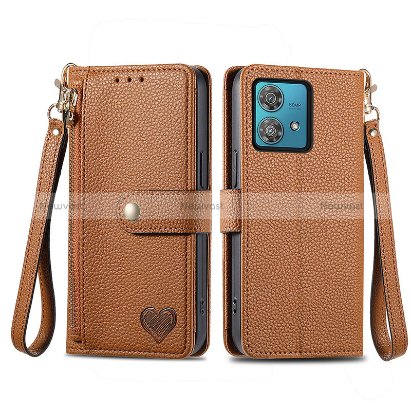 Leather Case Stands Flip Cover Holder S15D for Motorola Moto G84 5G Brown