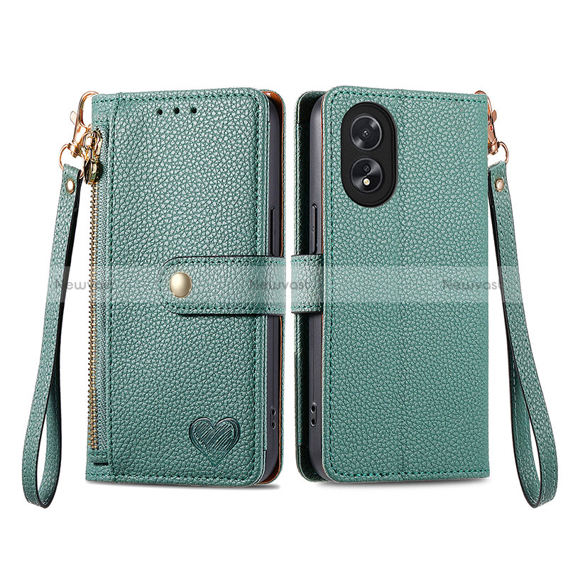 Leather Case Stands Flip Cover Holder S15D for Oppo A18 Green