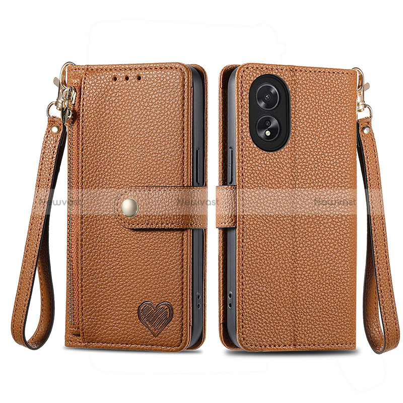 Leather Case Stands Flip Cover Holder S15D for Oppo A38 Brown