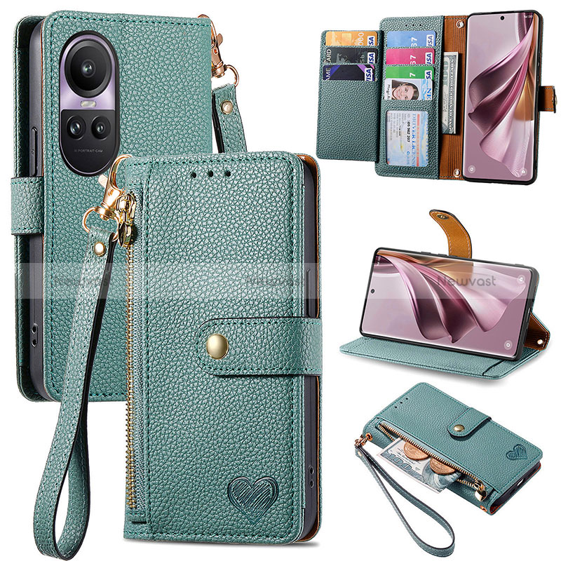 Leather Case Stands Flip Cover Holder S15D for Oppo Reno10 5G Green