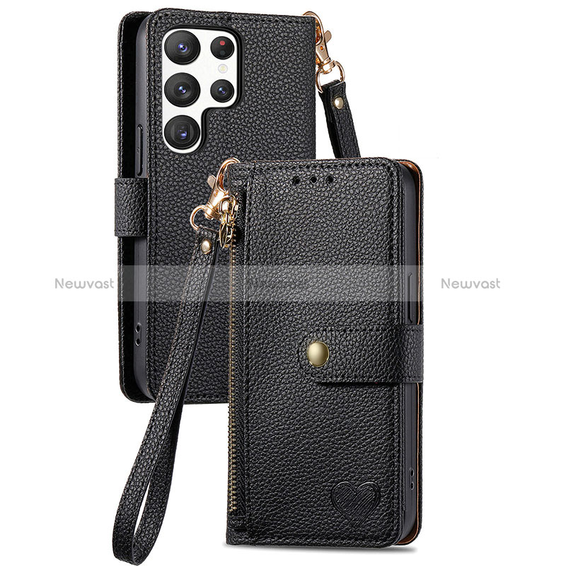 Leather Case Stands Flip Cover Holder S15D for Samsung Galaxy S22 Ultra 5G Black