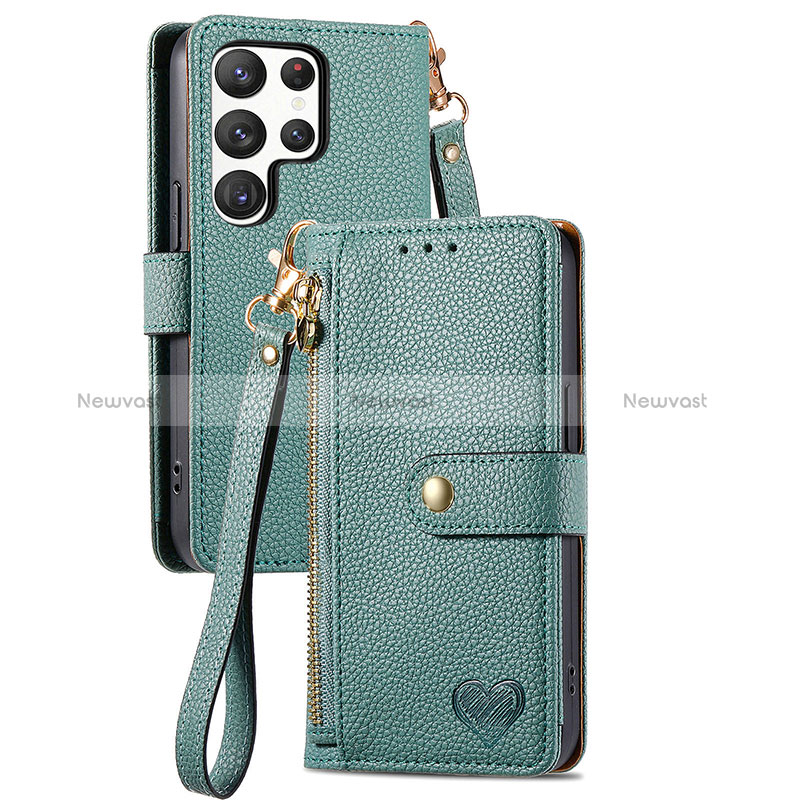 Leather Case Stands Flip Cover Holder S15D for Samsung Galaxy S22 Ultra 5G Green