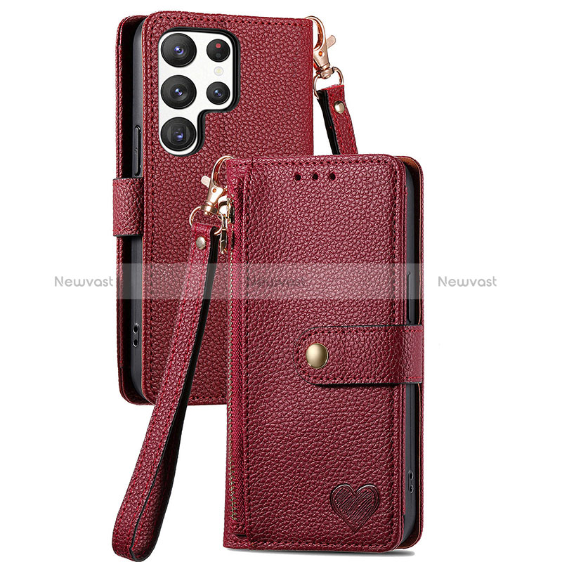 Leather Case Stands Flip Cover Holder S15D for Samsung Galaxy S22 Ultra 5G Red