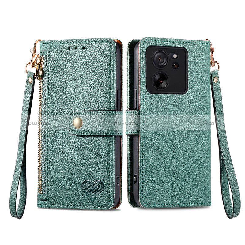 Leather Case Stands Flip Cover Holder S15D for Xiaomi Mi 13T 5G Green