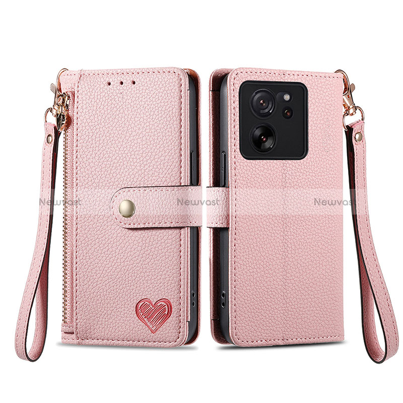 Leather Case Stands Flip Cover Holder S15D for Xiaomi Mi 13T 5G Pink