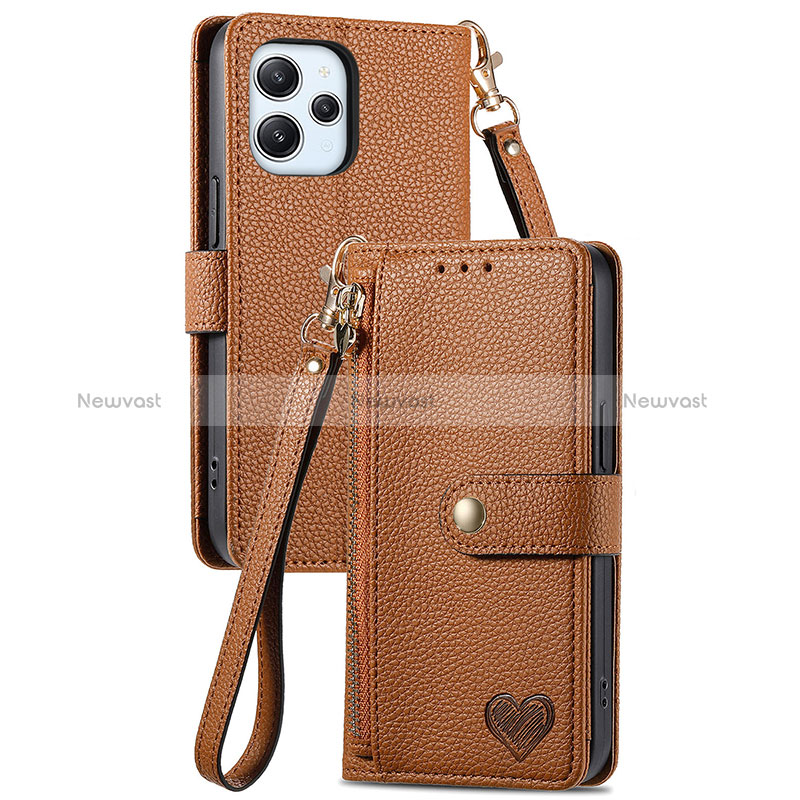 Leather Case Stands Flip Cover Holder S15D for Xiaomi Redmi 12 4G Brown