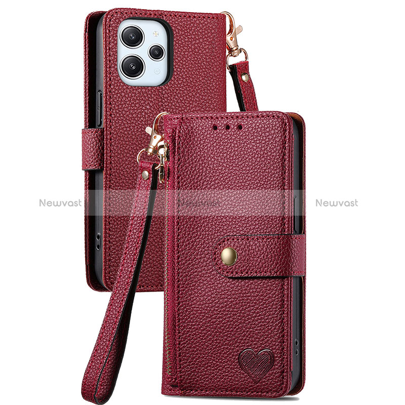 Leather Case Stands Flip Cover Holder S15D for Xiaomi Redmi 12 4G Red