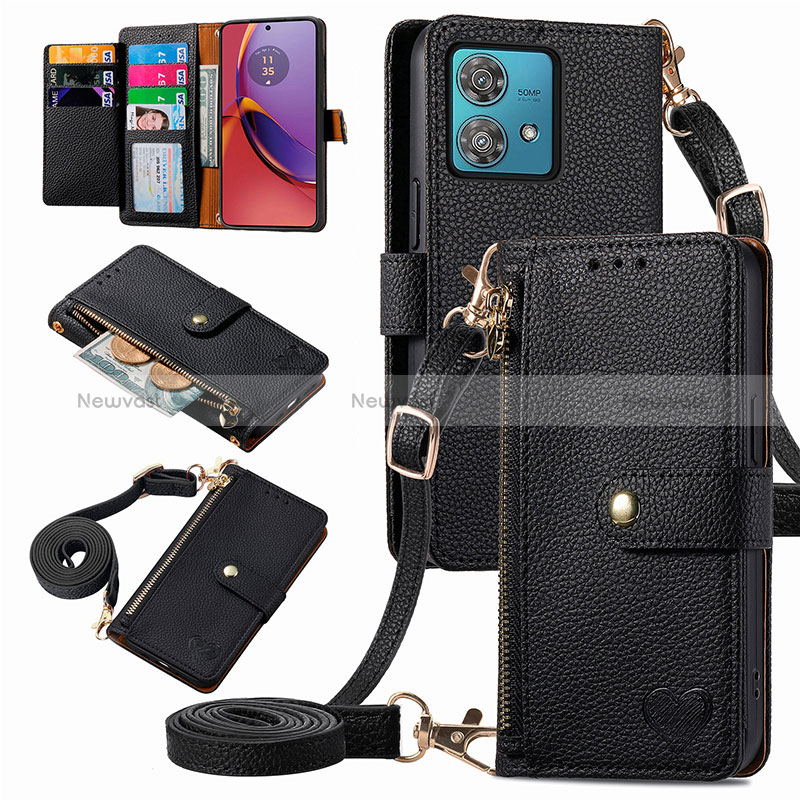 Leather Case Stands Flip Cover Holder S16D for Motorola Moto G84 5G Black