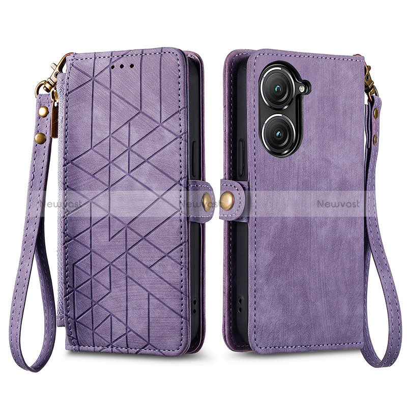 Leather Case Stands Flip Cover Holder S17D for Asus Zenfone 9 Purple