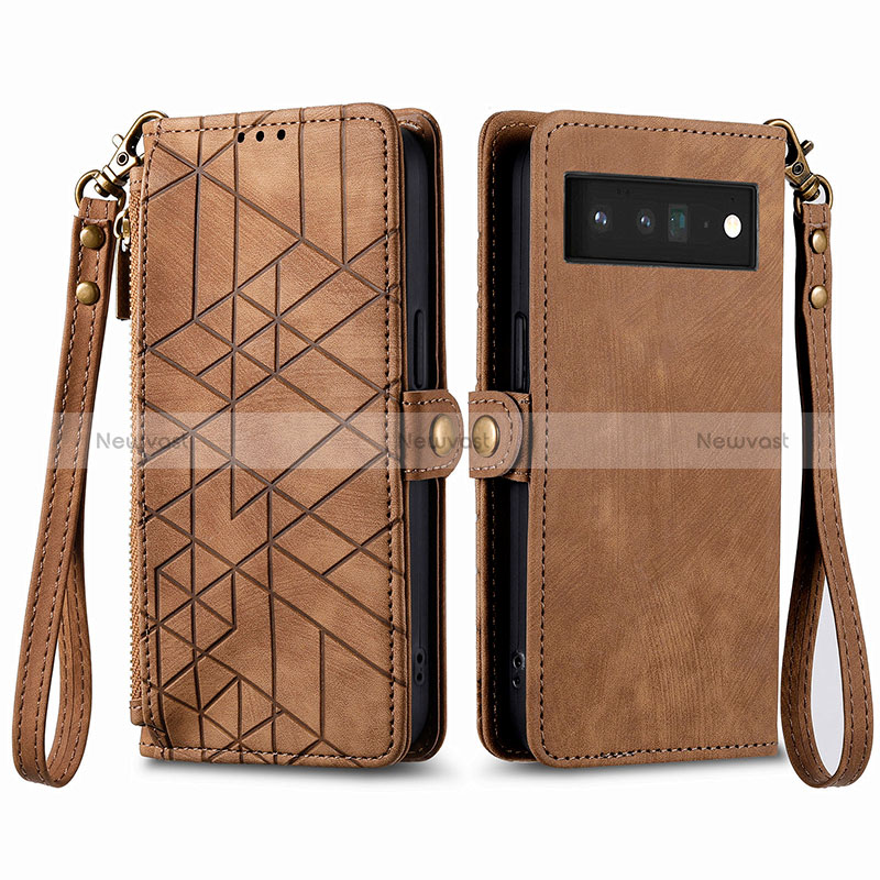 Leather Case Stands Flip Cover Holder S17D for Google Pixel 6 5G Brown