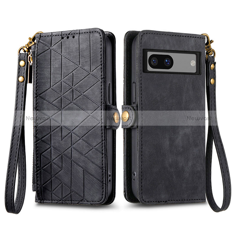 Leather Case Stands Flip Cover Holder S17D for Google Pixel 7a 5G Black