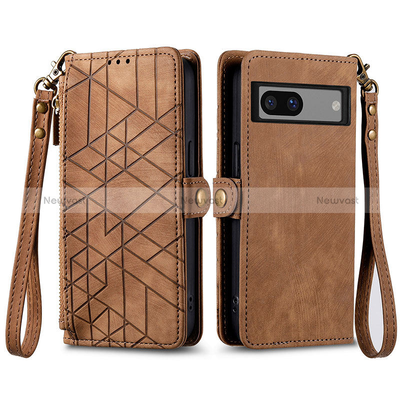 Leather Case Stands Flip Cover Holder S17D for Google Pixel 7a 5G Brown