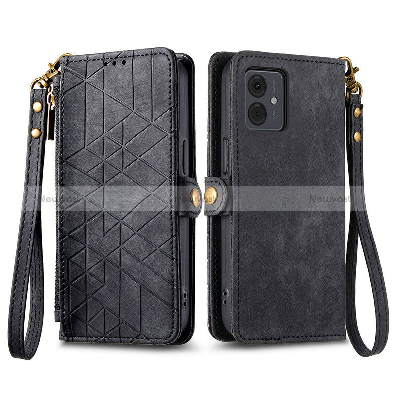 Leather Case Stands Flip Cover Holder S17D for Motorola Moto G14 Black