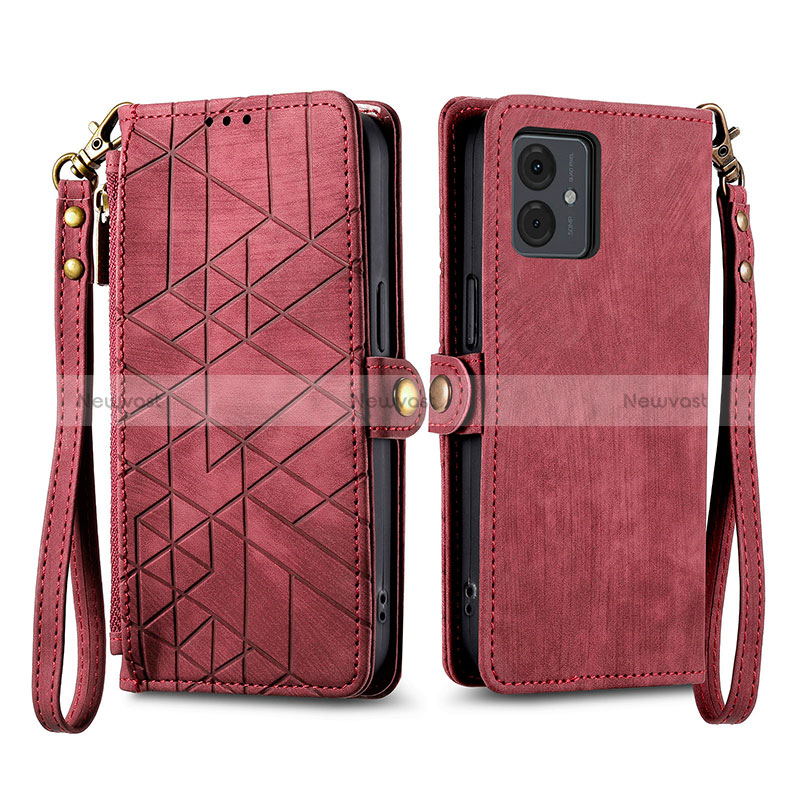 Leather Case Stands Flip Cover Holder S17D for Motorola Moto G14 Red