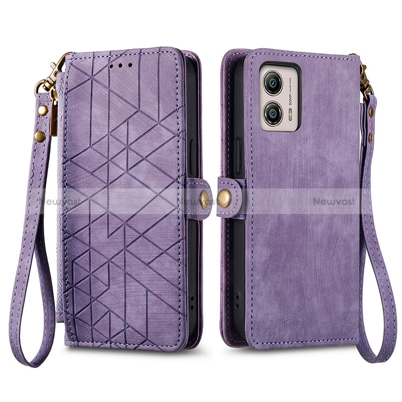 Leather Case Stands Flip Cover Holder S17D for Motorola Moto G53j 5G Purple