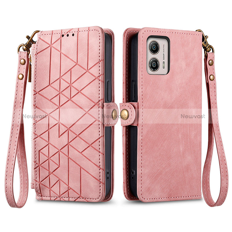 Leather Case Stands Flip Cover Holder S17D for Motorola Moto G53y 5G Pink