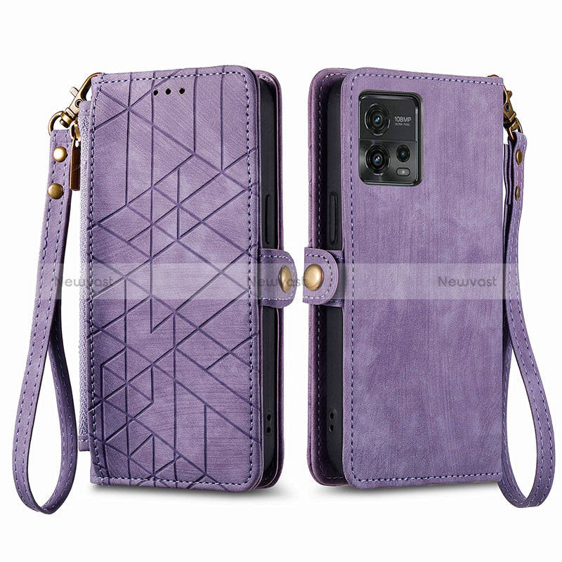 Leather Case Stands Flip Cover Holder S17D for Motorola Moto G72 Purple