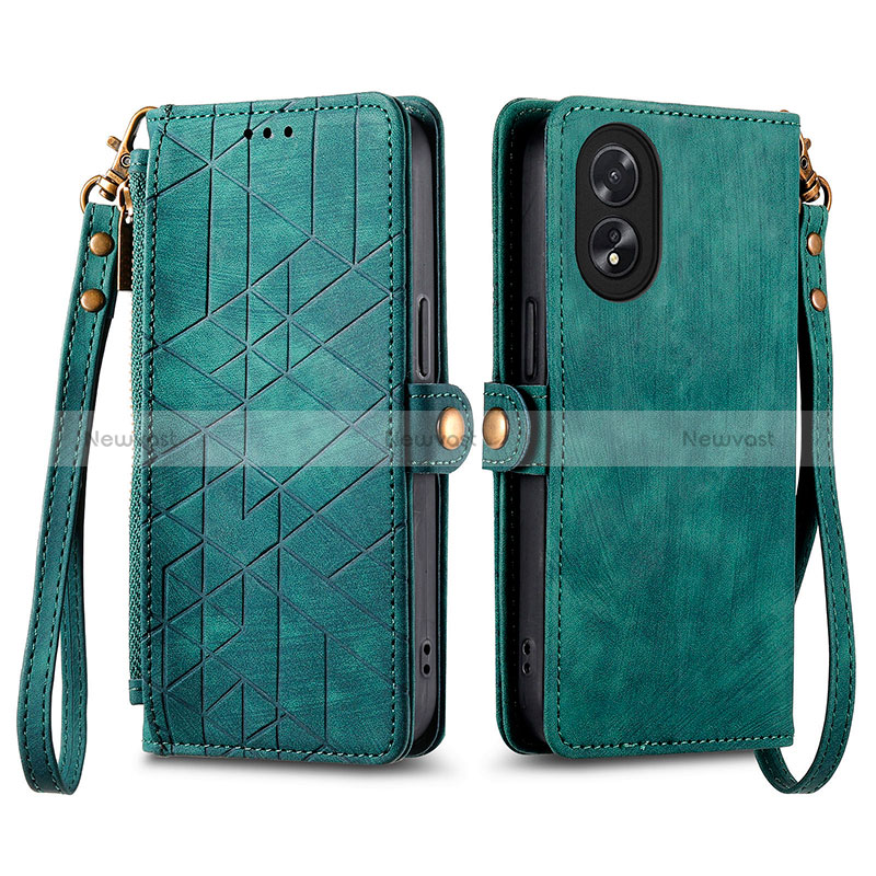 Leather Case Stands Flip Cover Holder S17D for Oppo A18 Green