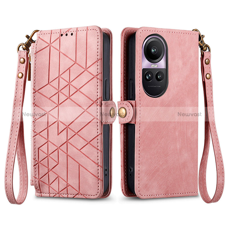 Leather Case Stands Flip Cover Holder S17D for Oppo Reno10 5G Pink